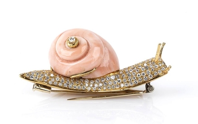 Gold, diamonds and pink coral snail brooch - by FILIPPO...
