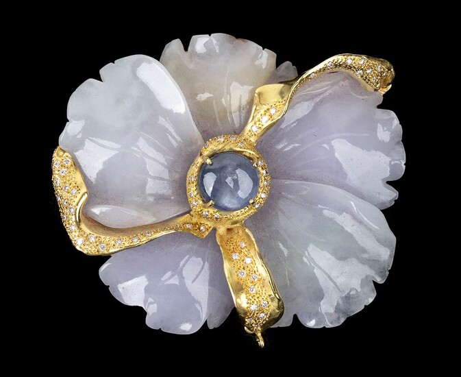 Gold, jadeite, blue asteria sapphire and diamonds pendant-brooch, mark...