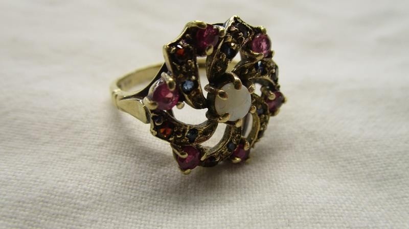 Gold ruby, opal & sapphire cluster ring