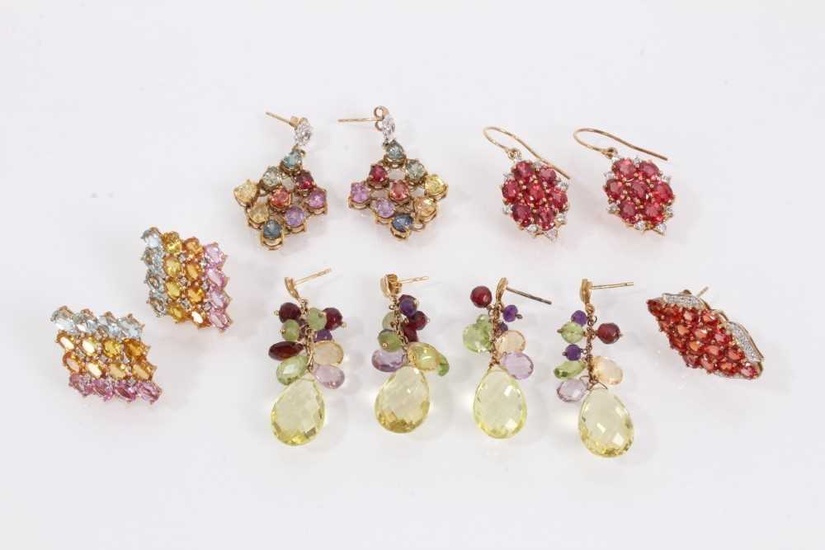 Group of 9ct gold gem set earrings to include five pairs and one single