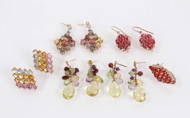 Group of 9ct gold gem set earrings to include five pairs and one single
