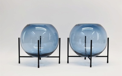 Group of Five Dome Deco Blue Glass Vases on Stand