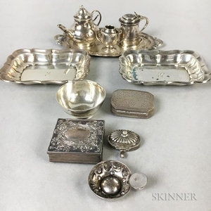 Group of Silver Miniatures, with two sterling silver nut dishes, including a teapot, tankard, small boxes, and a small tray.