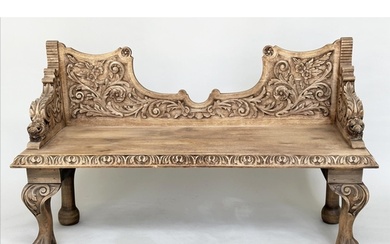 HALL SEAT, 19th century oak with carved back and arms and ca...