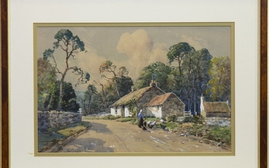 HENS FEEDING BY A COTTAGE, A WATERCOLOUR BY
