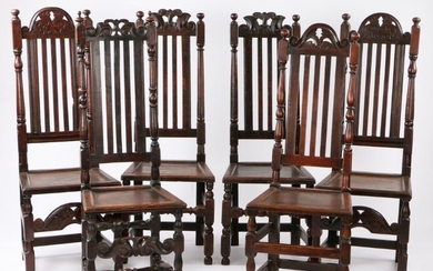 Harlequin set of six 17th English Century chairs, circa 1685, each with a high back and arched top