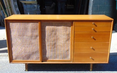 Harvey Probber chest, sliding doors, drawers & 5 drawer side, in mahogany, brass capped legs