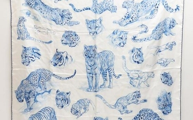 Hermes "Big Cats" Blue & White Silk Scarf