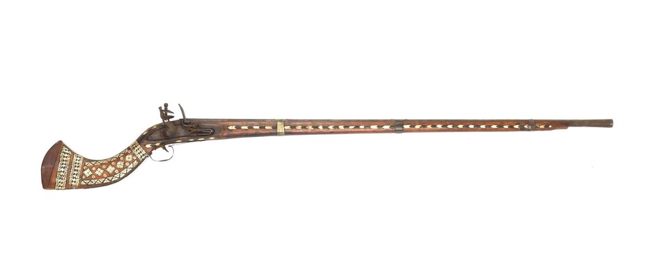 (-), Wooden single barrel musket with fine bone...
