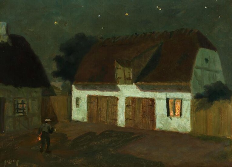 NOT SOLD. Hugo V. Pedersen: Farm house on a dark, starry night. Signed Hugo V.P. Oil on canvas. 40 x 56 cm. – Bruun Rasmussen Auctioneers of Fine Art