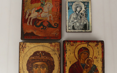 ICONS, 4 pcs., St. Goran and the dragon, Mary with the baby Jesus, and another unidentified. Manufactured in the last quarter of the 20th century.