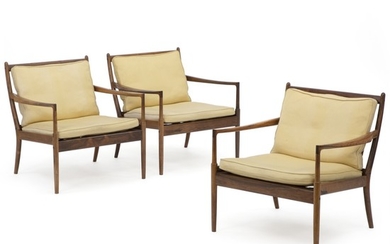 Ib Kofod-Larsen: “Samsö”. Three easy chairs of Brazilian rosewood. Loose cushions in seat and back upholstered with yellow silk fabric. (3)