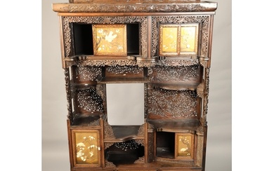 Impressive Japanese Shodana hardwood cabinet, intricately c...