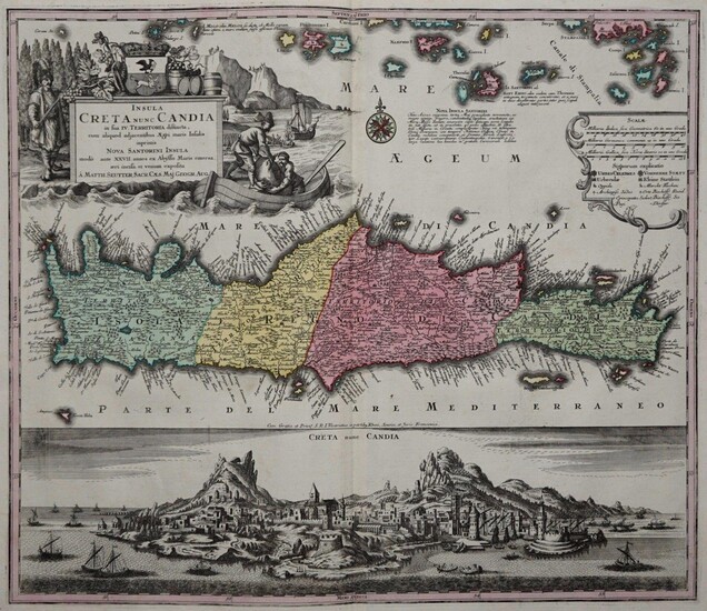 Insula Creta nunc Candia in sua IV Territoria distinicta, cum aliqoud adjacentibus Ægei maris Insulis imprimis Nova Santorini insula