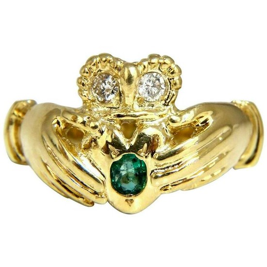Irish Claddagh Natural Diamonds Emeralds Ring 14 Karat