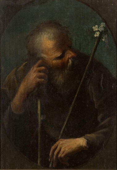 Italian School, 17th century- Saint Joseph with the flowering rod (recto); and Saint Edward Campion holding his heart (verso); oils on double-sided canvas, 59.5 x 42, two (2). Provenance: Private Collection, UK. Note: According to apocryphal...