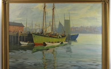 J J Enwright, New England Dock Scene, Oil on Canvas