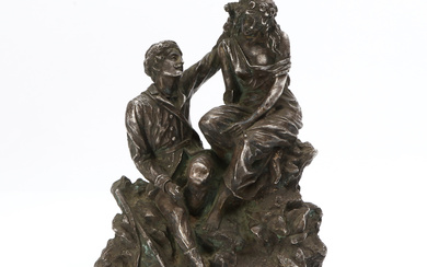 J. JANOWSKI, SCULPTURE. Silver plated bronze, love couple, stamped 2849. 19th century, possibly early 20th century.