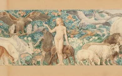 Joakim Skovgaard: Adam is naming the animals. Signed and dated J. Skovgaard 1893. Watercolor on paper. Sheet size 21×85 cm.
