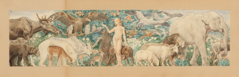 Joakim Skovgaard: Adam is naming the animals. Signed and dated J. Skovgaard 1893. Watercolor on paper. Sheet size 21×85 cm.