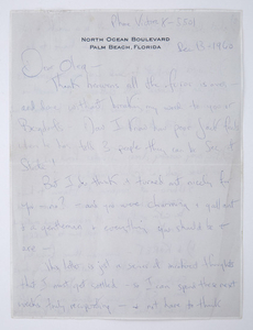 KENNEDY, JACQUELINE as FIRST LADY (ELECT) Magnificent nine page autograph letter signed to Oleg Cassini in advance of the presidential inauguration.