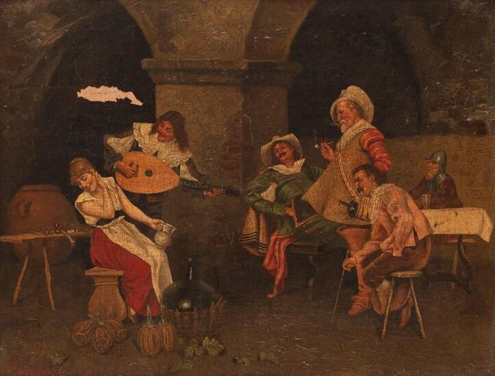 L. Cerale, Italian, 19th century- Tavern scenes of musicians serenading girls; oils on canvas, each signed 'Cerale.' and 'L. Cerale' (lower left and lower right), each bear old labels attached to the reverses of the stretchers, each 31.5 x 40 cm...