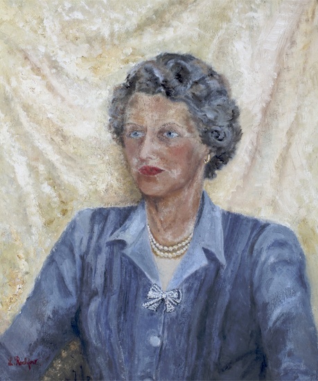 L Rochford (Mid-20th Century), portrait of a lady in a blue dress, oil on board. Signed lower left, 48cm x 59cm exc. frame