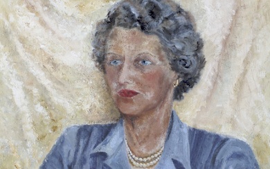 L Rochford (Mid-20th Century), portrait of a lady in a blue dress, oil on board. Signed lower left, 48cm x 59cm exc. frame