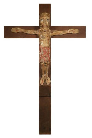 LARGE EARLY COLONIAL CRUCIFIX FIGURE OF CHRIST ON