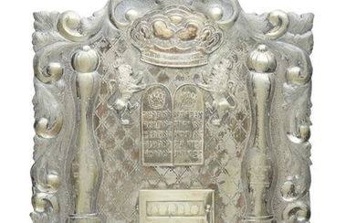 LARGE GERMAN SILVER TORAH SHIELD. Hand chased with swirling...