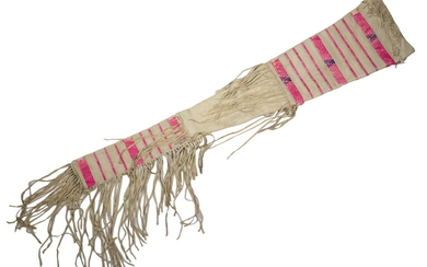 LATE 19TH C. FRINGED BUCKSKIN RIFLE COVER WITH QUILL BANDS IN BRIGHT PINK AND PURPLE
