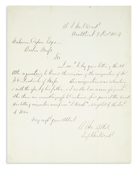 LEE, ROBERT E. Autograph Letter Signed, "RELee Bt Col / SuptMilAcad'y," as Superintendent...