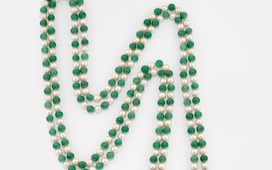 LONG CULTURED PEARL AND GREEN AGATE NECKLACE designed as...