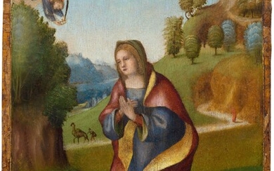 LORENZO COSTA (AJOUTÉ)(Ferrara 1460-1535 Mantoue)Martyre de Sainte Catherine d'Alexandrie. Tempera sur bois. 39,5 × 28,8...