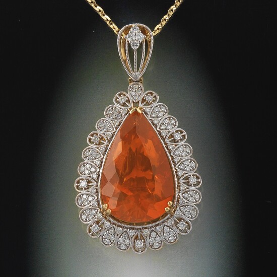 Ladies' Fire Opal and Diamond Pendant on Chain, GIA and AIGL Report