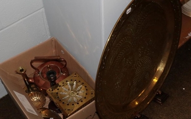 Large Eastern brass tray, copper kettle, brass trivet etc