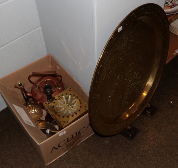 Large Eastern brass tray, copper kettle, brass trivet etc