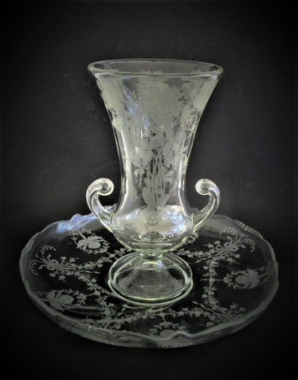 Large Etched Glass Vase and Platter 19th Century FR3SH