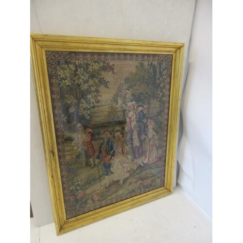 Large antique gilt framed tapestry, figures in a garden. Ove...