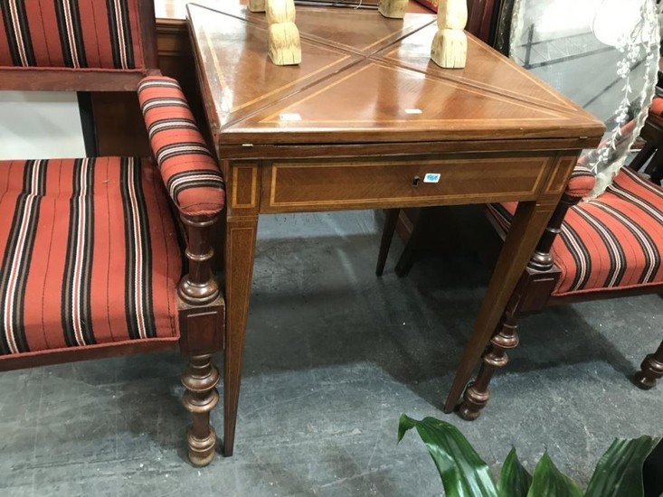 Late 19th Century French Walnut Envelope Top Card Table, with fruitwood banding, frieze drawer & tapering legs, needs felt lining (K...
