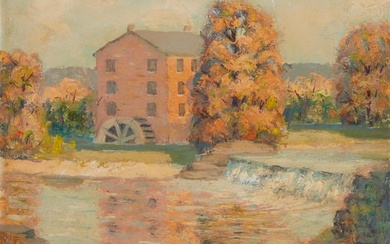 Late 19th/Early 20th Century American School, Watermill, Oil on board, 11.5" H x 13.75" W