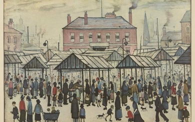 Laurence Stephen Lowry RBA RA, British 1887-1976, Market Scene in a Northern Town, 1939; offset lithograph on wove, signed in pencil, edition of 750, published by Patrick Seale Prints Ltd., London, in collaboration with Salford Museum and Art...