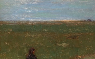 Laurits Tuxen: Scenery from Skagen with woman in moonlight. Signed LT. Oil on canvas. 29×21.5 cm.