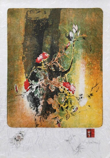 Lebadang (aka Hoi), Red Blossoms on Orange, Lithograph on Handmade paper