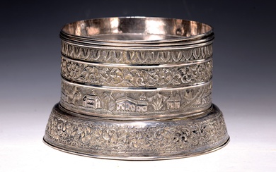 Lidded box or base, Middle East, early 20th century, silver-plated...