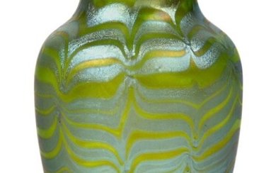 Loetz (Austrian), an iridescent Phaenomen Creta shouldered glass vase, c.1900, PG 1, ground out pontil, The green glass decorated in pale blue iridescence with horizontal and pulled bands, 12 cm high, Property from a private collection