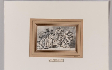 Lot 10 Joseph François Ignace PARROCEL (Brignoles 1646 - Paris 1704) Scène familiale l'hiver Plume et encre noire, lavis gris 12,5 x 19 cm. Rousseurs. RM