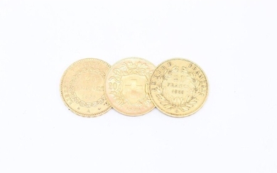 Lot composed of three 20 Francs coins in yellow gold:...