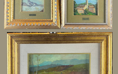 Lotto composto da tre dipinti ad olio su diversi supporti raffiguranti "Paesaggi" di cui due firmati in basso, di diverse…