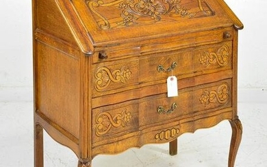 Louis XV Style Carved Oak 2 Drawer Drop Front Desk